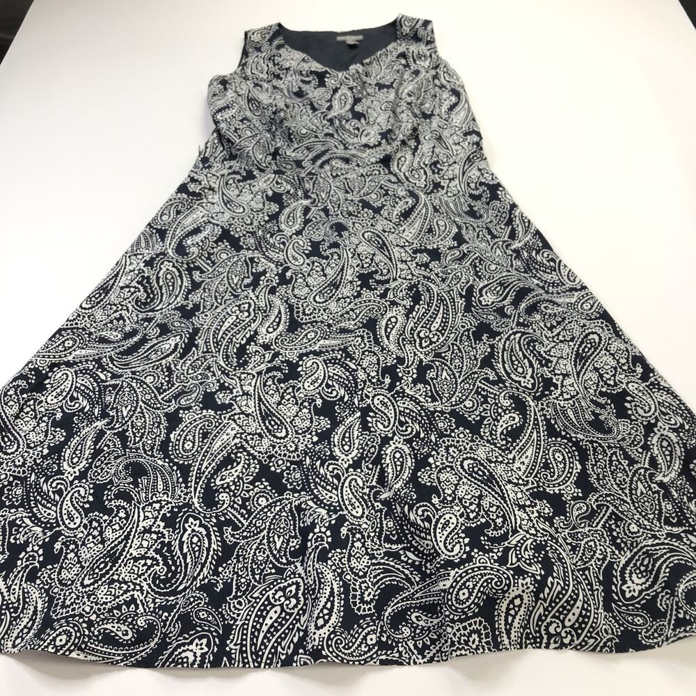 Kate Hill Plus 18W Silk Cotton A-Line V-Neck Midi Below Knee Dress Paisley Blue